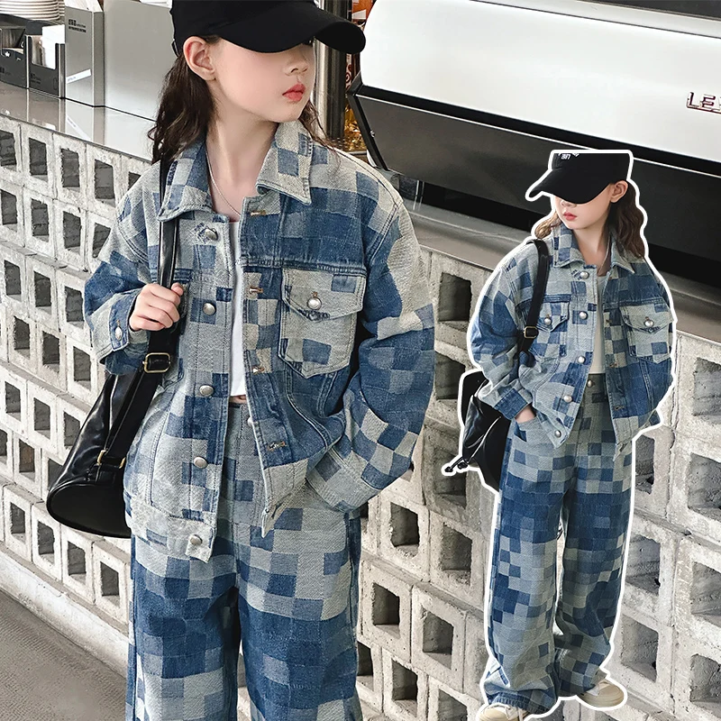 spring teen girl grid cowboy suit Denim jacket+Wide leg jeans 2pc junior kid pants clothes set child outfits 4-14 youth conjunto