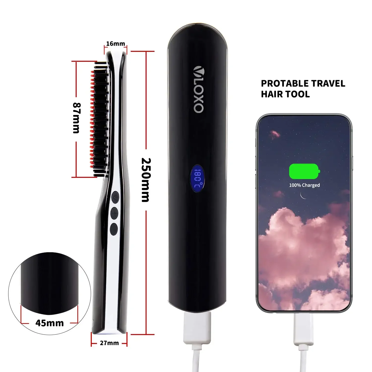 

Smart USB Charging Ceramic Beard Straightening Brush Comb Iron Hair Straightener For Men