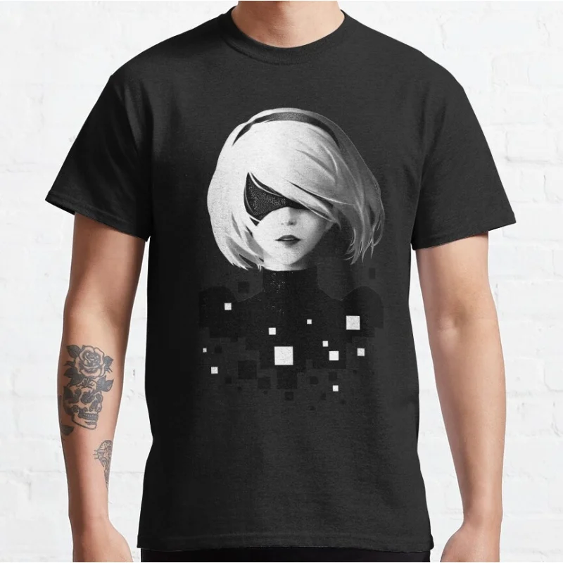 

2B and Pixels Nier Automata YoRHa Anime Gift t shirt Kawaii Waifu graphic tee Cyber Punk Y2K Clothes 100% cotton Large size Tops