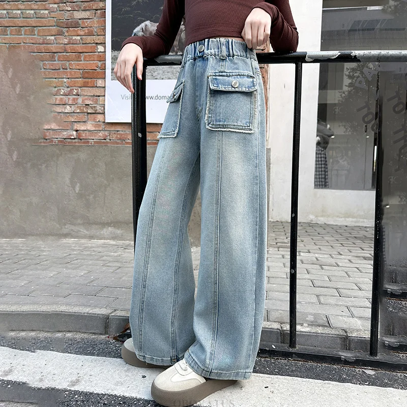 Child Straight Jeans With Front Pocket For Girls Spring Cotton Vintage Casual Loose Denim Trousers Kids Solid Color Jeans Pants