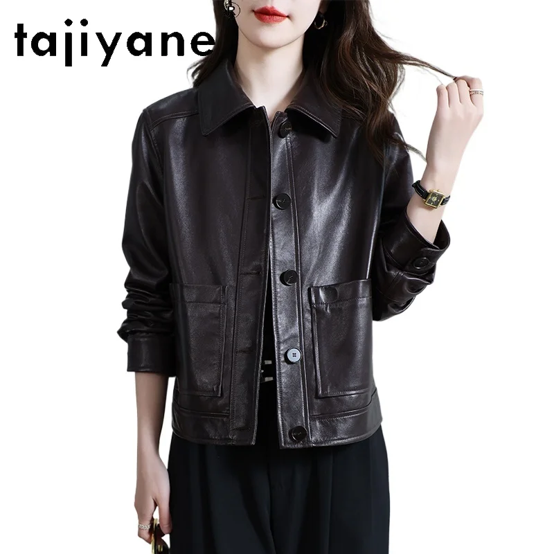 TAJIYANE طبقة علوية من جلد الغنم سترات من الجلد الطبيعي للنساء سترة جلدية حقيقية غير رسمية معطف قصير للسيدات 2025 ملابس الخريف 신상АКю터