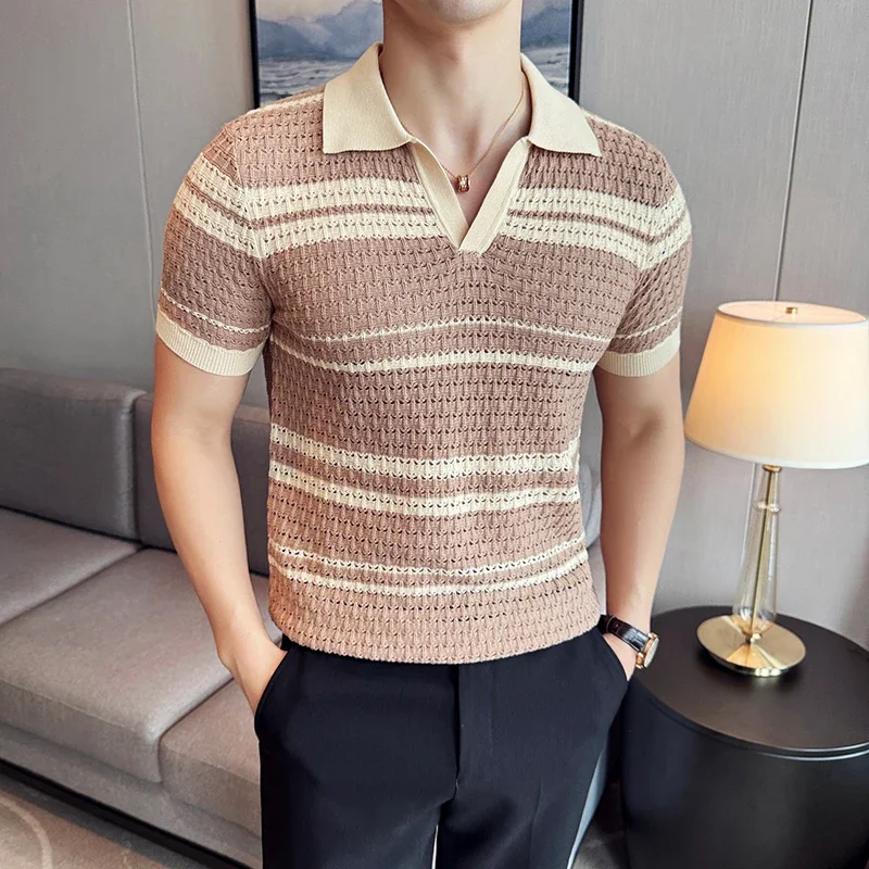 Men Knitted Polo Shirt 2024 Summer New Thin Striped Jacquard Patchwork Color Short Sleeved Casual V-neck T-shirt Men Clothing