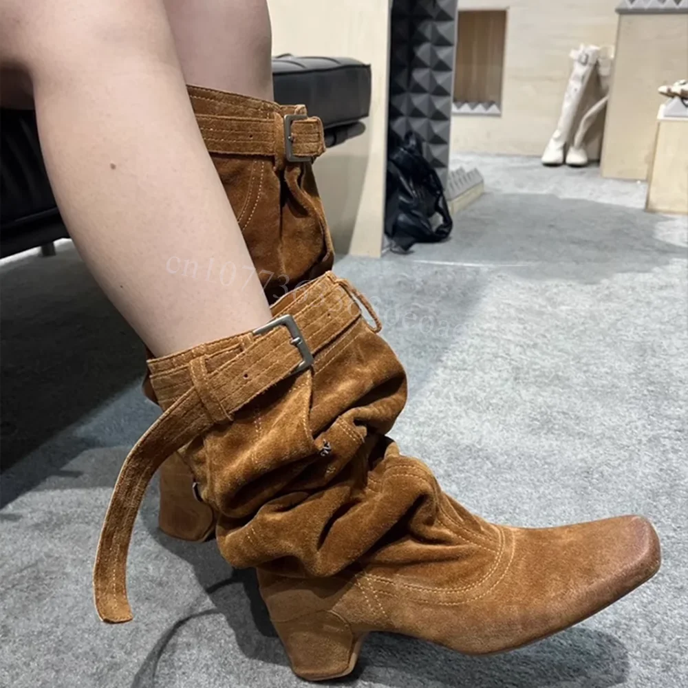 

Buckle Belt Decir Trouser Boots Chunky Heels Cowboy Shoes for Women Patent Leather Fashion Shoes 2024 Zapatos Para Mujere