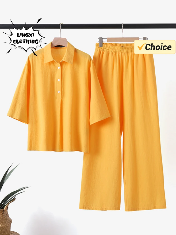 Ensemble deux pièces en lin pour femme, chemise demi-cardigan assortie, pantalon large en coton et lin, taille haute, élégant, mode globale,