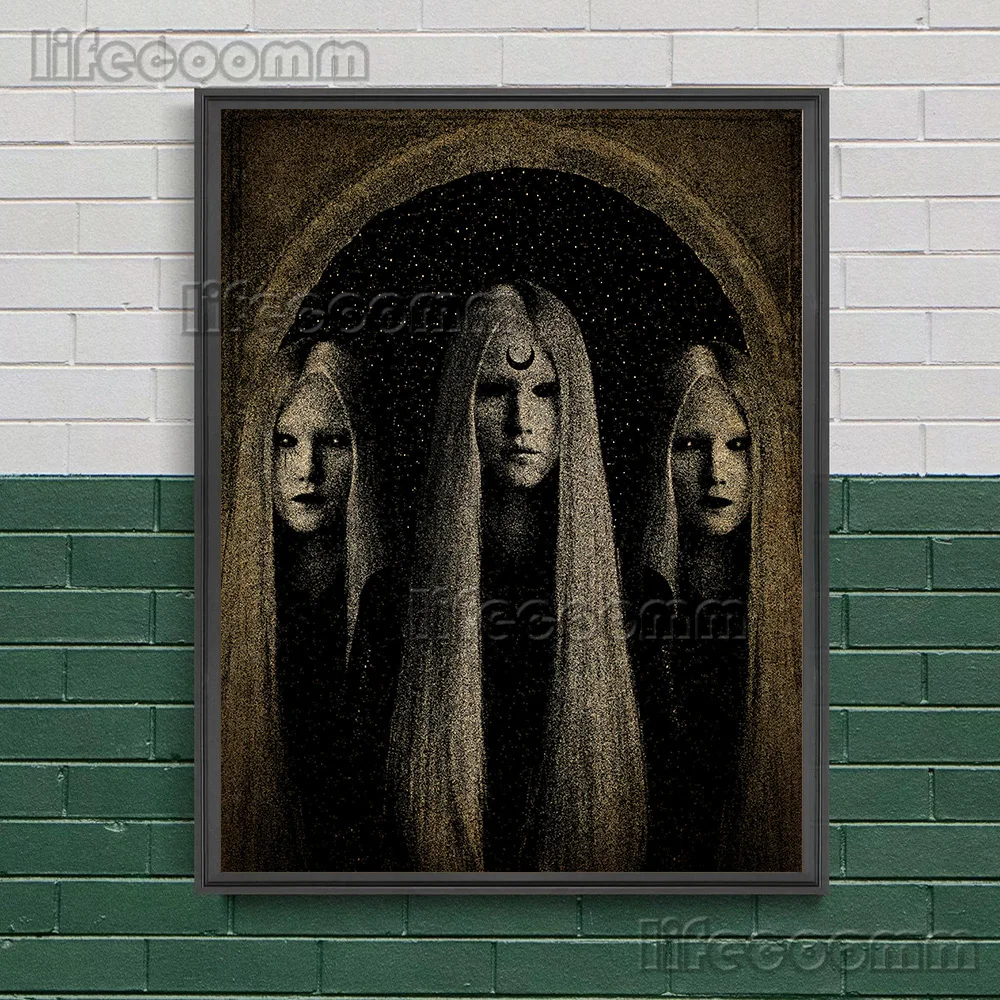 Creepy Wicca Witch And Demon Sister,Abstract Wall Art Canvas Painting,Horror Gothic Witchcraft Vintage Art Poster Print Decor