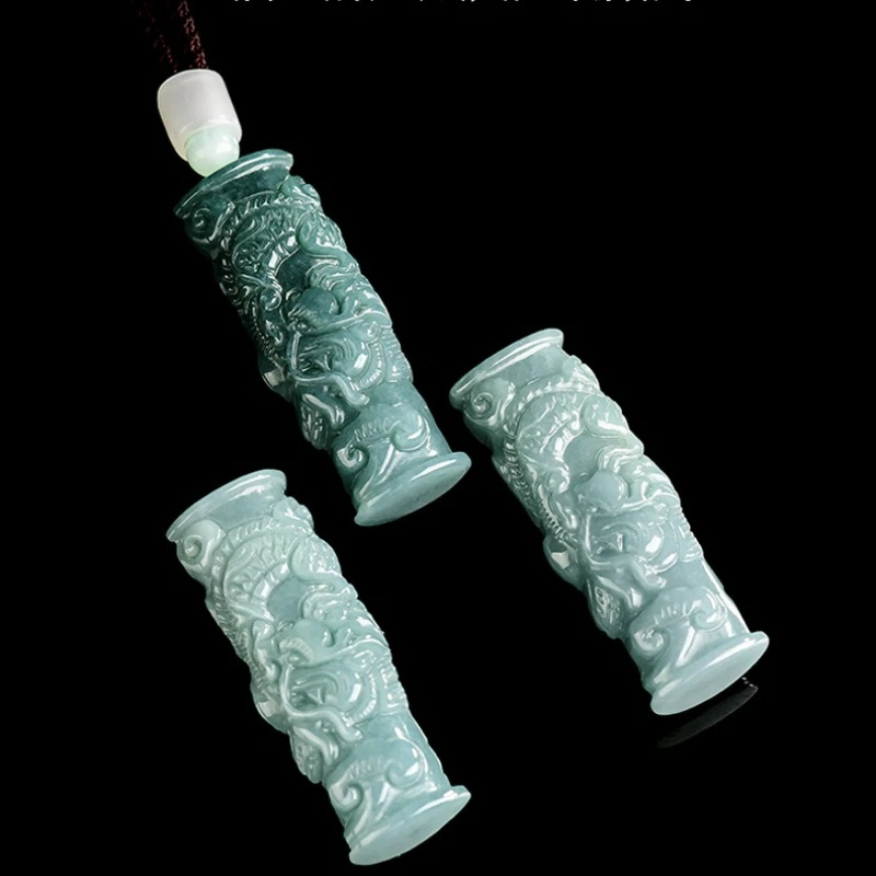 

Natural Emerald Blue Water Carving Three-dimensional Zodiac Dragon Column Jade Couple Necklace Pendant Holiday Gift Amulet