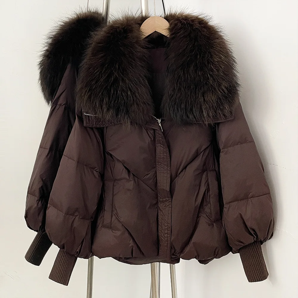 Parka de plumón de pato blanco para mujer, chaqueta acolchada con capucha de piel auténtica grande, Parka gruesa, abrigo cálido de manga tejida, novedad de invierno 2026