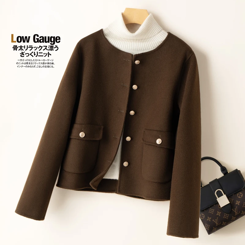 100% Wool Double-sided Coat Women\'s Short Wool Coat Autumn Winter Round Neck Cardigan Top Long Sleeved Solid Color Jacket