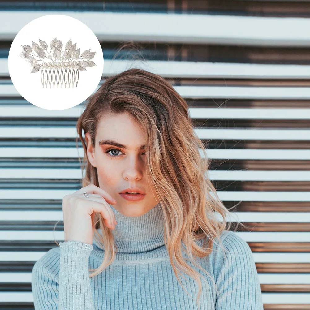 مشبك مشط شعر لؤلؤ الزفاف أوراق فضية غطاء رأس بوهيمي لحفلات الزفاف أداء المسرح مشط شعر الزفاف غطاء رأس العروس #4