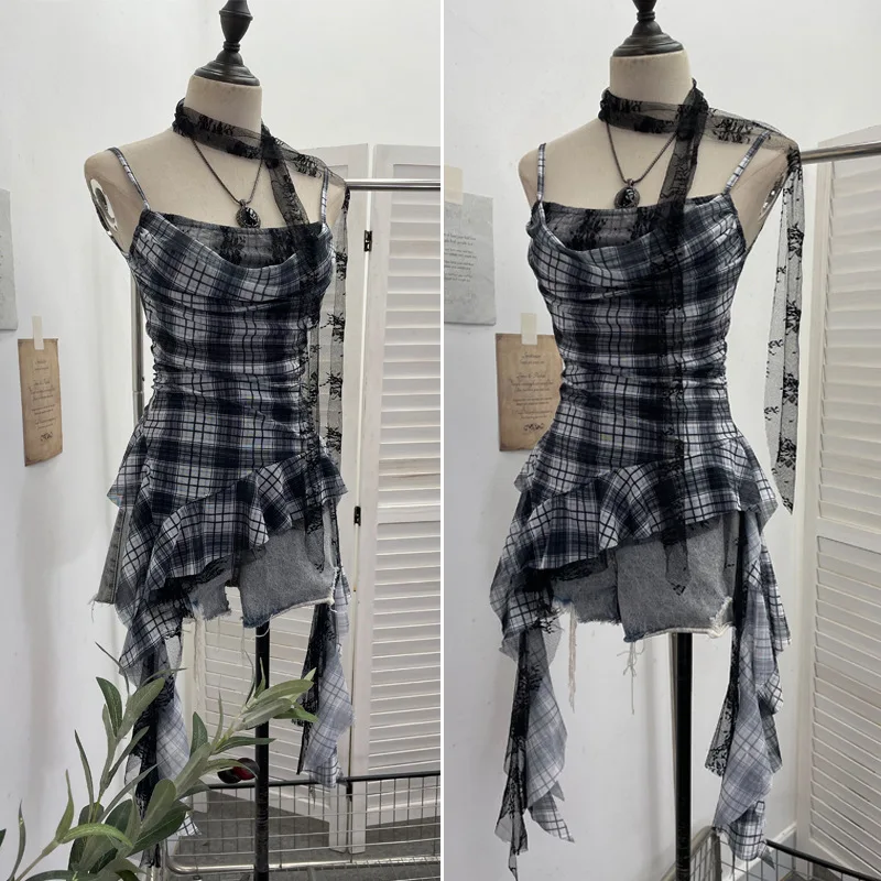 ISAROSE Y2K Plaid Camisole for Women Summer Casual Lace Scarf Breathable Stretch Mesh Patchwork Asymmetrical Ruffle Slim Tops view 5
