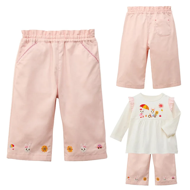 Girls Flower Bunny Embroidery Pants Japanese Style Newborn Baby Cute Cartoon Casual Trousers Spring  Loose Toddler Streetwear