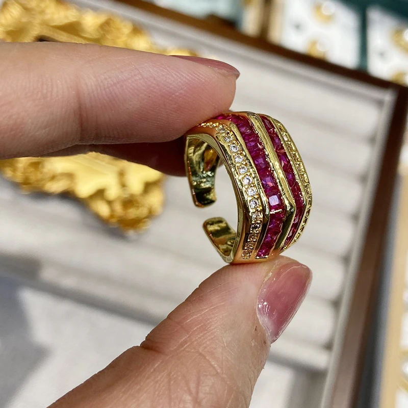 vintage gold color open ring for women jewelry fushia crystal zirconia