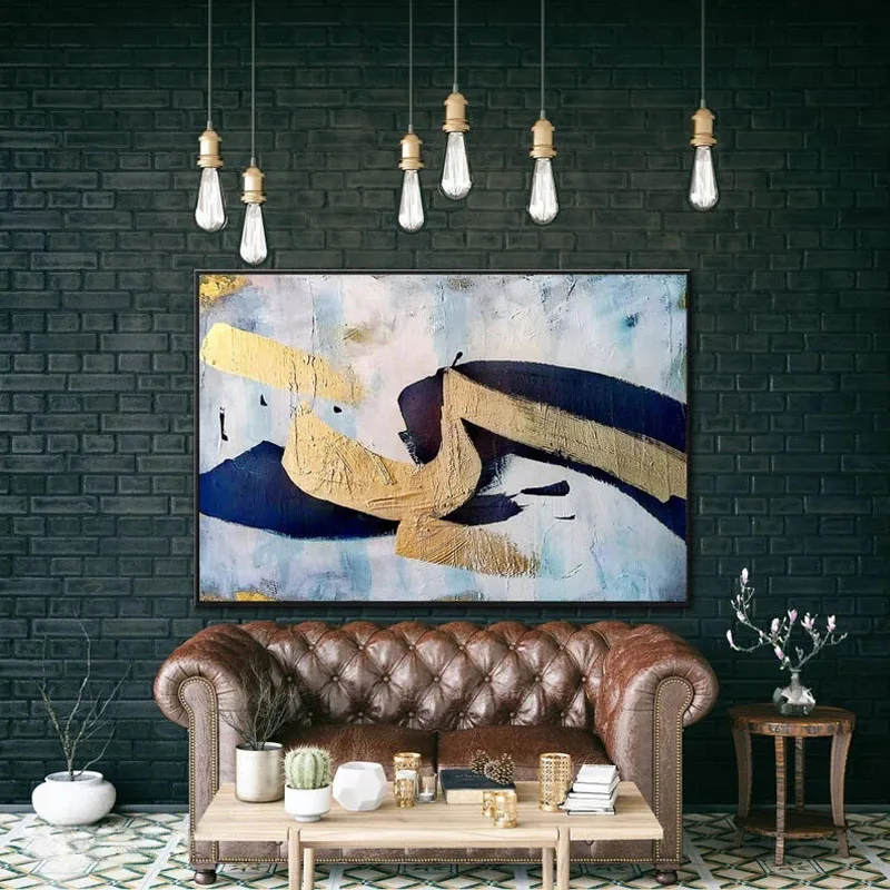 

100% Handmade Oil Paintings Modern Impression Blue Gold Foil Abstract on Canvas Wall Picture For Living Room Home Decoration