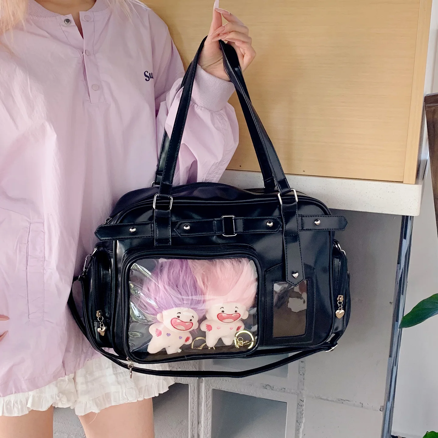 

Ita Bag for Women Anime Cartoon Transparent Pocket Itabag PU Leather Black White Purple Blue Silver Casual Daily School Gift