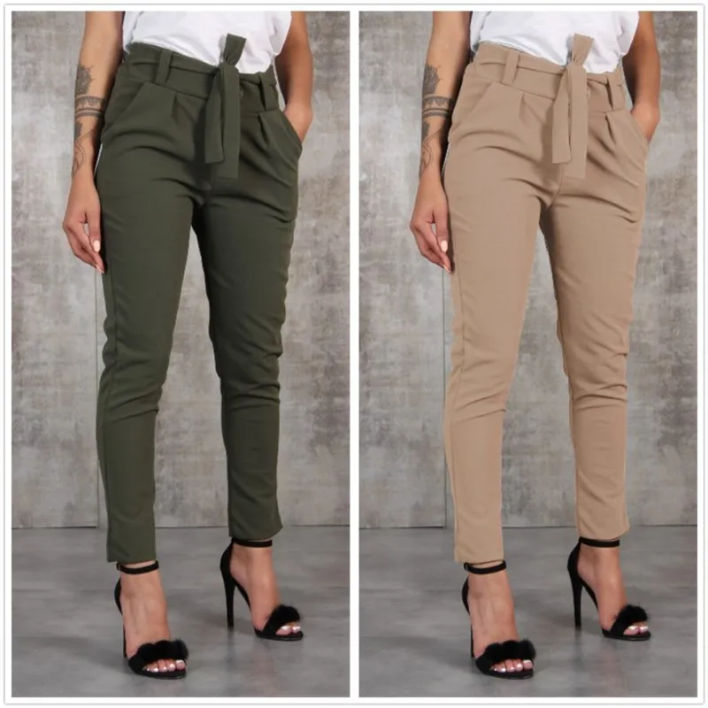 Spring Summer Autumn Casual Slim Thin Pants For Women Chic Elastic Waist Tie Black Khaki Green Pants Woman Fashion Trousers 2024