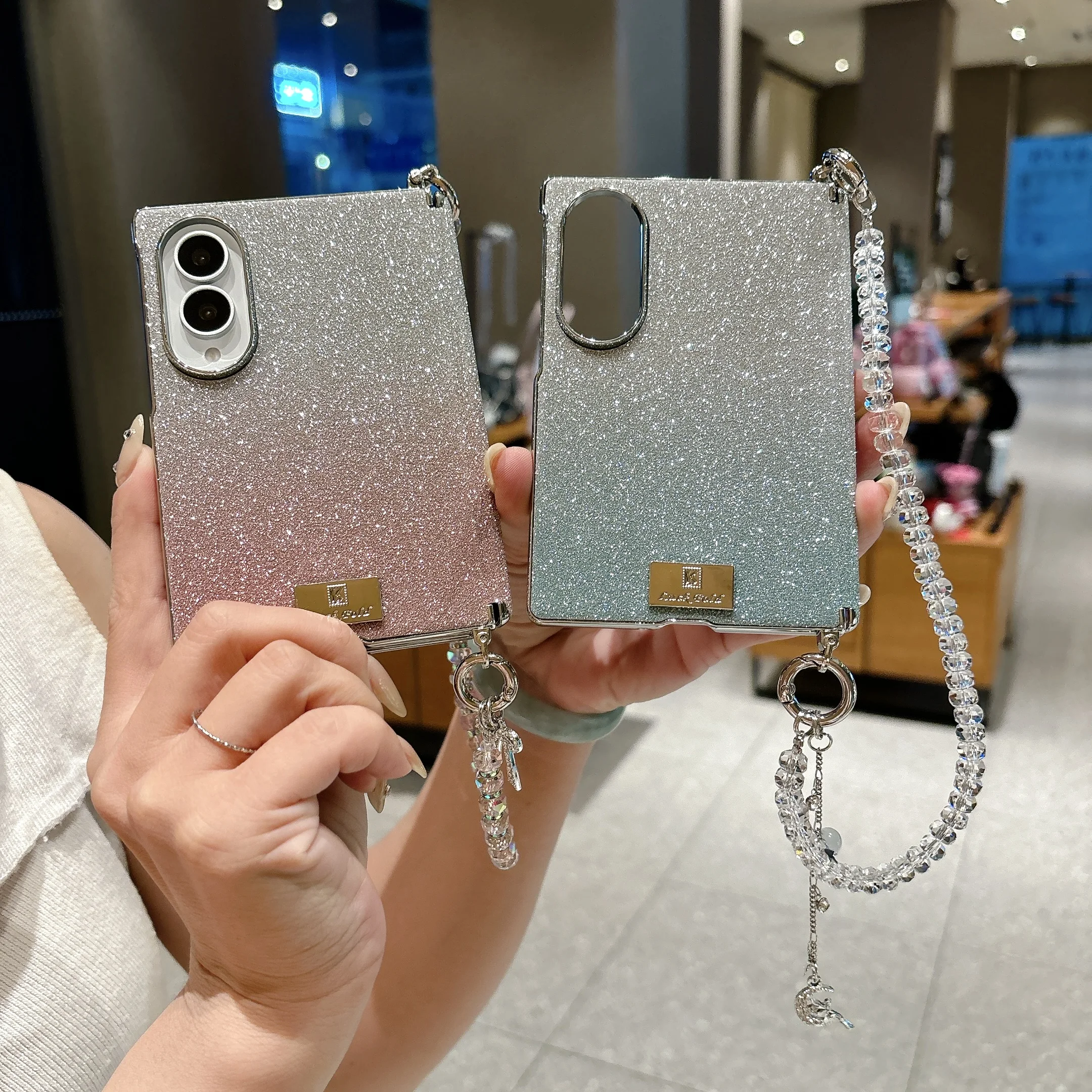 Luxury Fashion Gradient Glitter Leather Phone Case for Samsung Z Fold 8 Wide Hinge Protection Shockproof With Wrist Strap Cover view 2