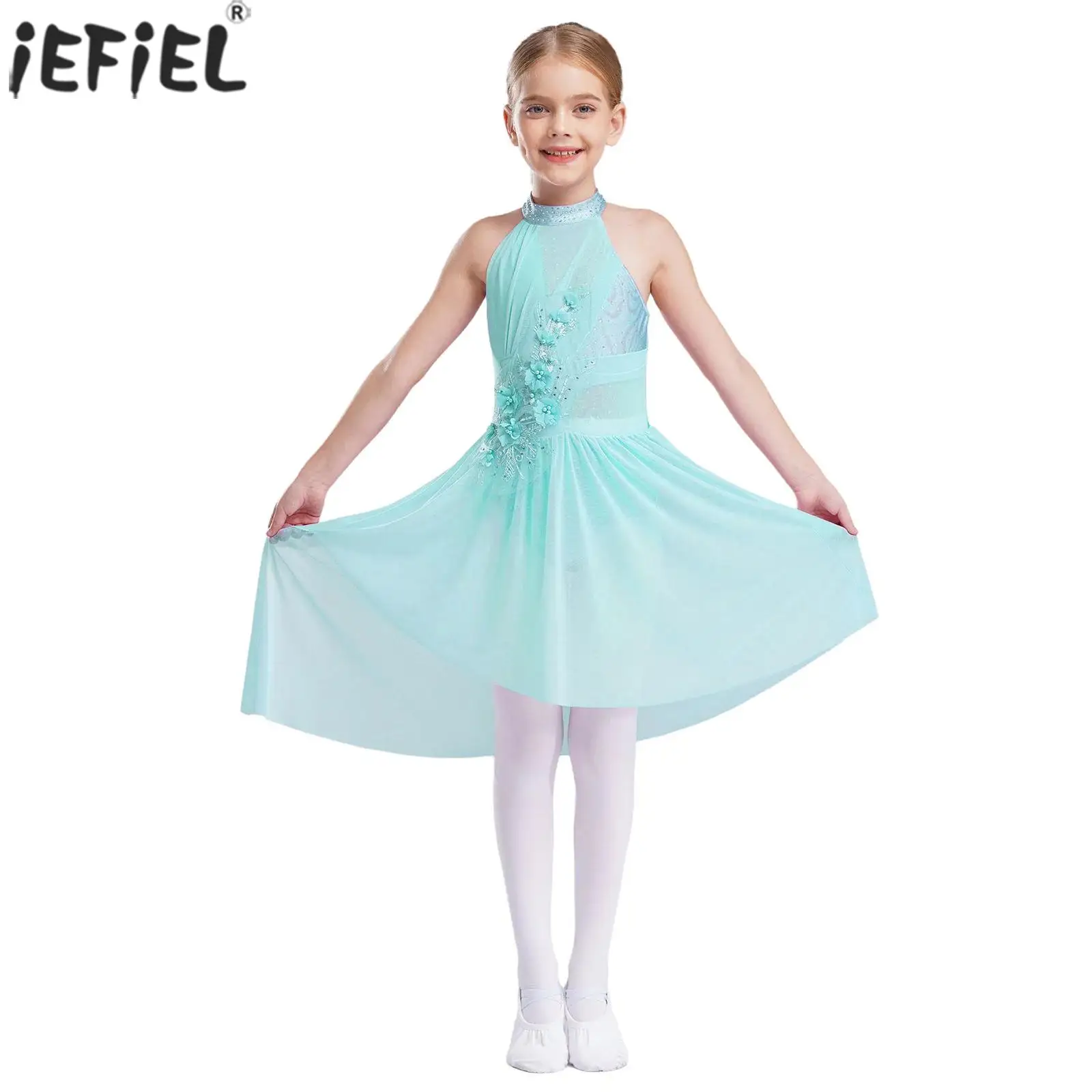 

Kids Girls Modern Lyrical Dance Dress Sleeveless Rhinestones Applique Dresses Ballet Skating Gymnastic Stage Performance Costume