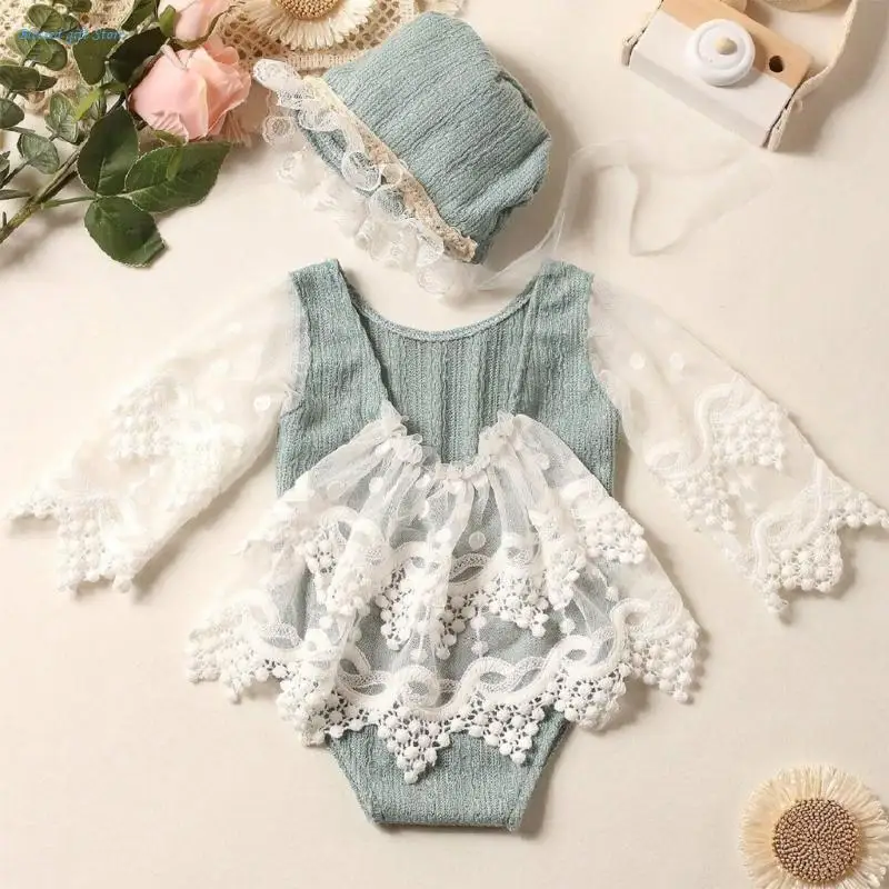 Newborns Photo Props Hat & Lace Jumpsuit Photo Bodysuit Photostudio Accessories