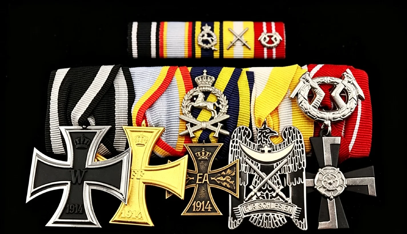 WWI Prussian Iron Cross 1914 Mounted Medal Bar Group 5 Place Parade Medal Set with Matching Ribbon Bar Imperial Reproduction
