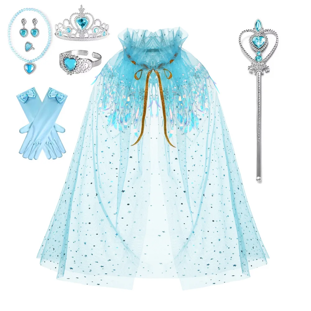 

Princess Mermaid Cosplay Sequins Tulle Cloak Costume Cartoon Printed Dress Halloween Children Carnival Birthday Party Clothes