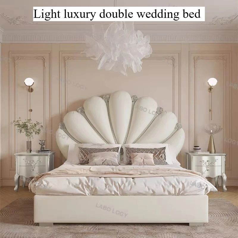 

180x200cm Cream Style Double Bed Frame Top-grain Leather Luxury Queen Size Double Bed Nordic Design Home Bedroom Furniture Sets