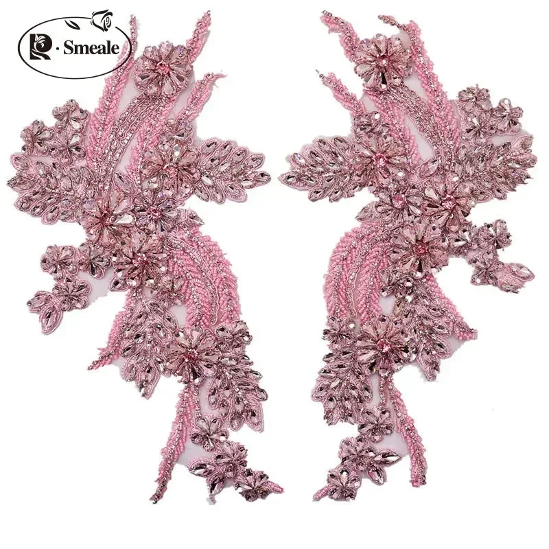 1Pair Multi-color Hand-sewn Glass Drill Mirror Flowers Sparkling Rhinestone Coats Waistbands Shoulders Wedding Dress DIY Patch