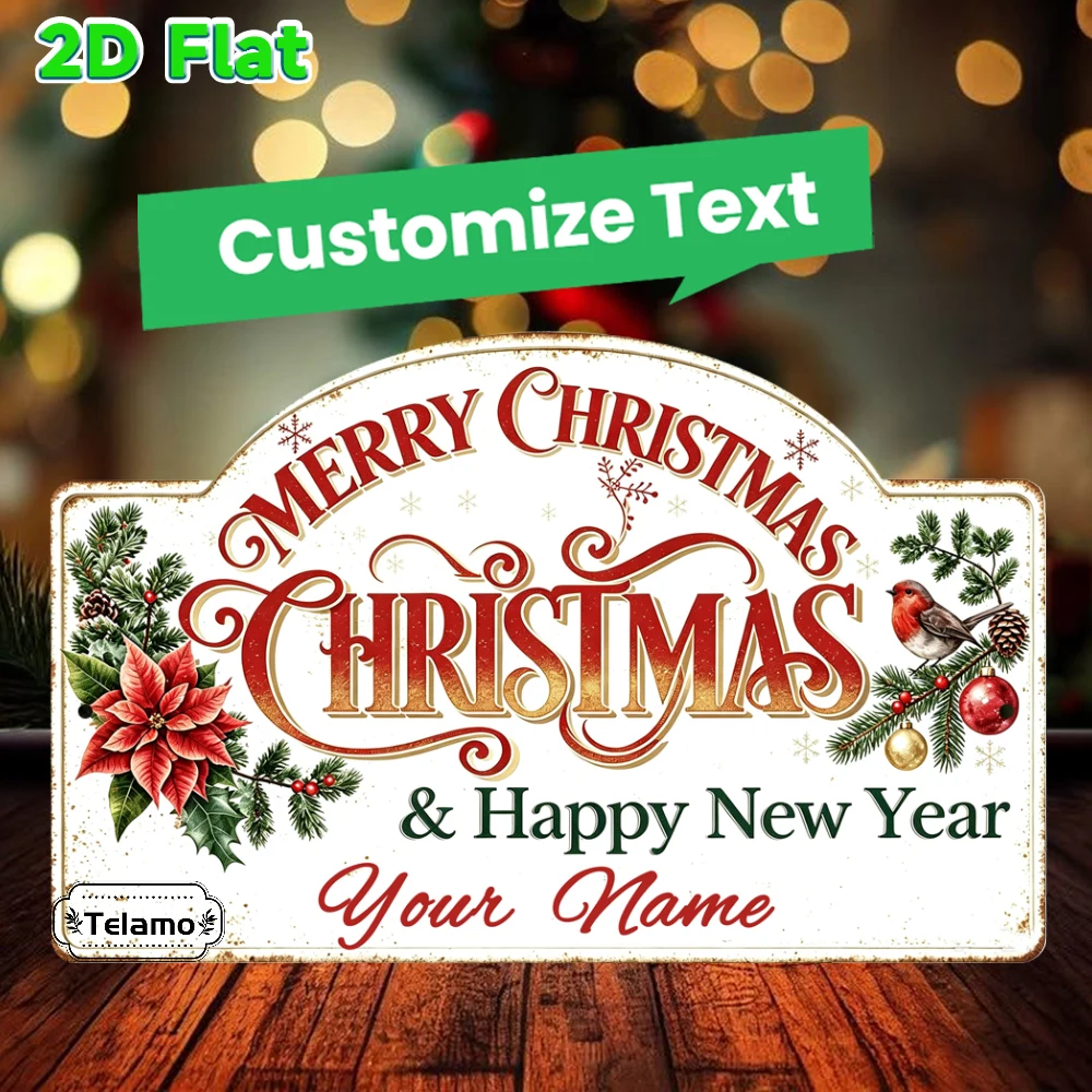 Custom Text Arched Metal Sign, Merry Christmas Poinsettia Robin Bird Print, Holiday Decor, Porch Living Room Decor, Festive Pres