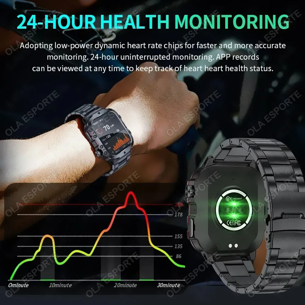 2025 Rugged Military Smart Watch Men's Watch 2.01Inch HD Touch Screen Voice Bluetooth Call LED Flashlight Outdoor Smartwatch Man