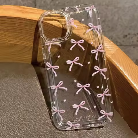 Cute Ponk Heart Bow TPU Case for Samsung Galaxy S25 S24 S23 S22 S21 Ultra Plus FE A53 A14 A15 A35 A55 Transparent Airbag Cover