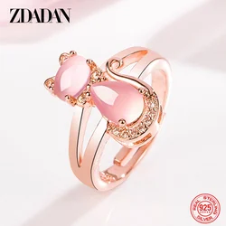 ZDADAN 925 Sterling Silver Cat Crystal Adjustable Ring For Women Fashion Jewelry Accessories Gift