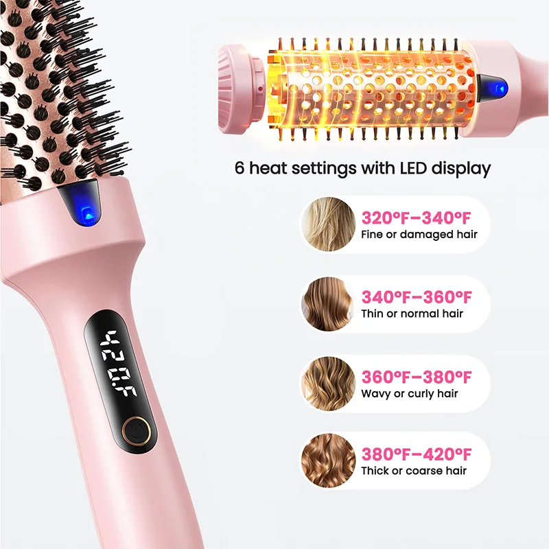 Professional Ceramic Hair Brush Curler with LCD Display, Negative Ion Hot Air Styler for Big Waves & Smooth Straight Hair