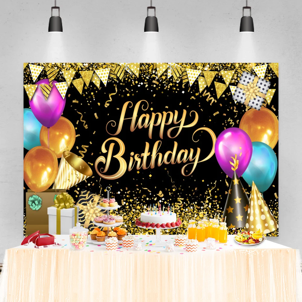 Fondo de fiesta de cumpleaños de adultos con globos dorados, cartel de fotografía de retrato de fiesta familiar, Decoración de mesa de pastel, Fondo de fotomatón