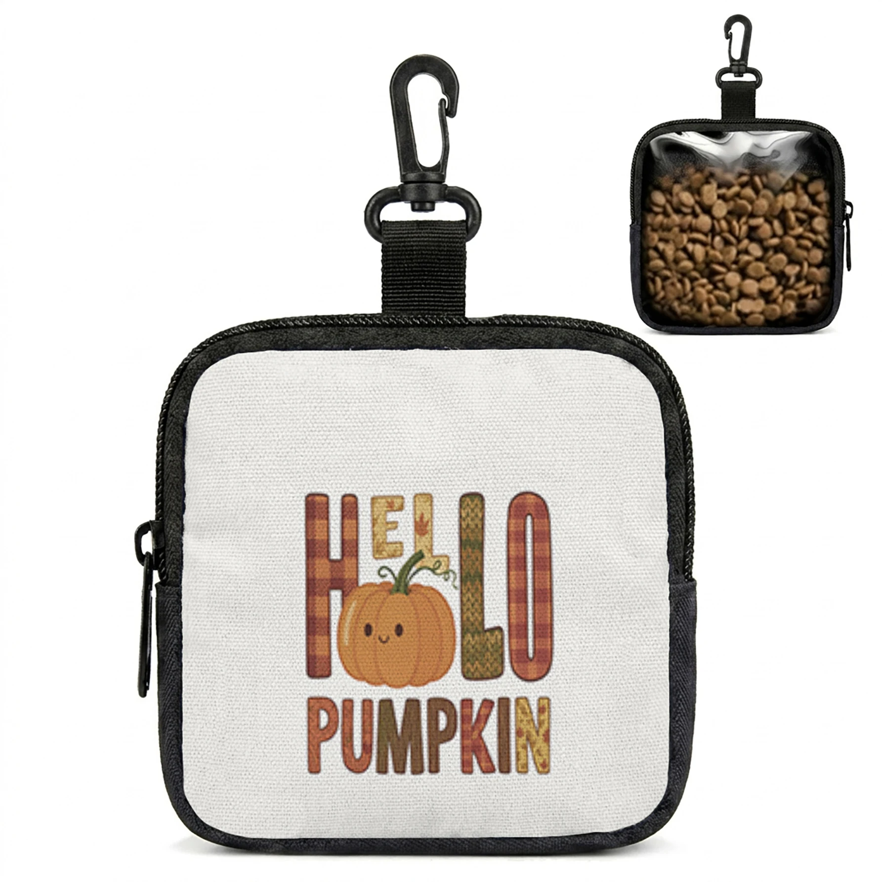 Hello Pumpkin Cute Cartoon Print Pet Treat Bag Mini Zipper Pouch With Carabiner, Portable Dog Snack Storage Pouch