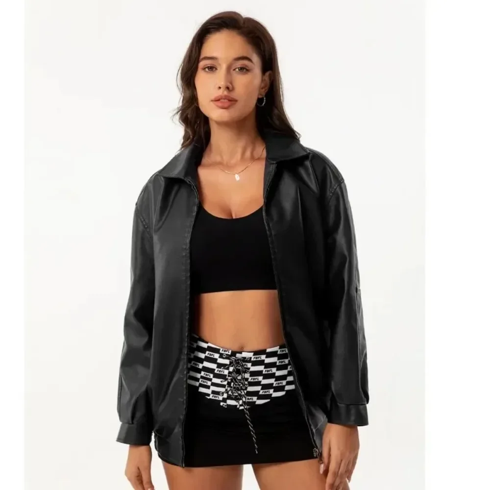 Blouson aviateur en cuir à manches longues pour femme, veste surdimensionnée pour femme, revers, combiné décontracté, printemps, automne, nouveau, 2025