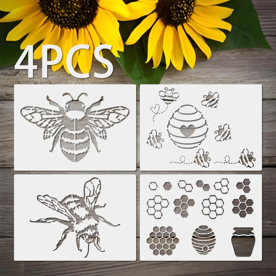 4 Stück A4 Bienenschablonen 8,3x11,7 Zoll Insekten-Malvorlagen für Wand, Leinwand, Stoff, DIY-Basteldekoration