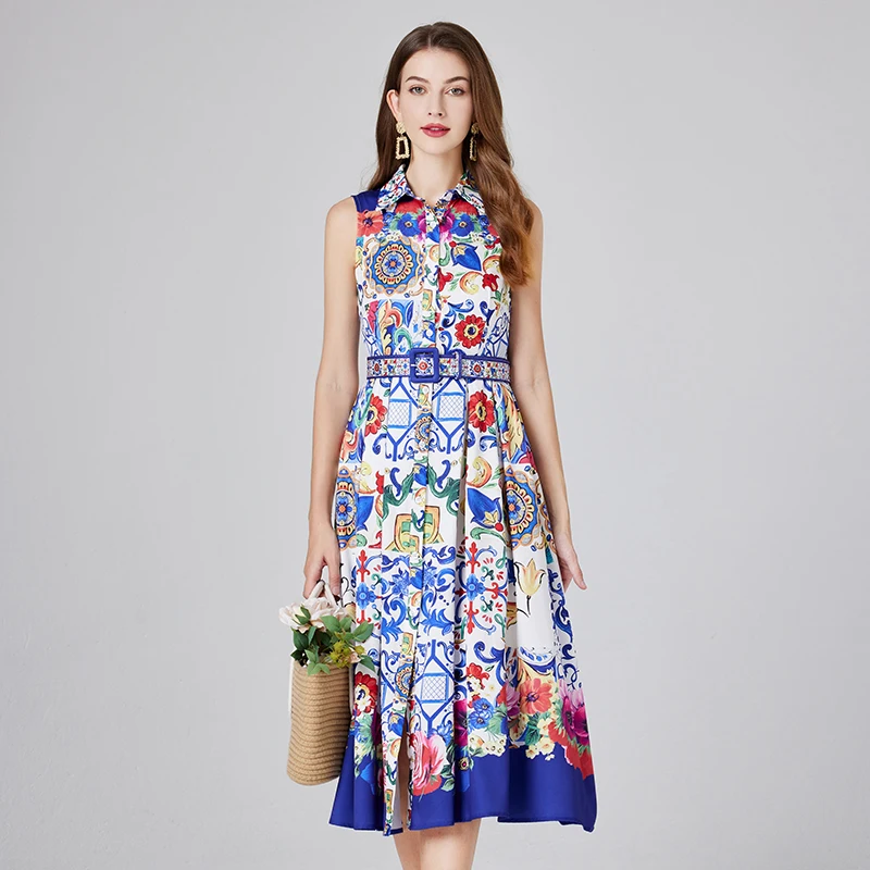 

Summer Runway Women Dress 2024 Designer Fashion Sleeveless Print Vintage Midi Dresses Single Breasted Belt Casual Holiday Robe