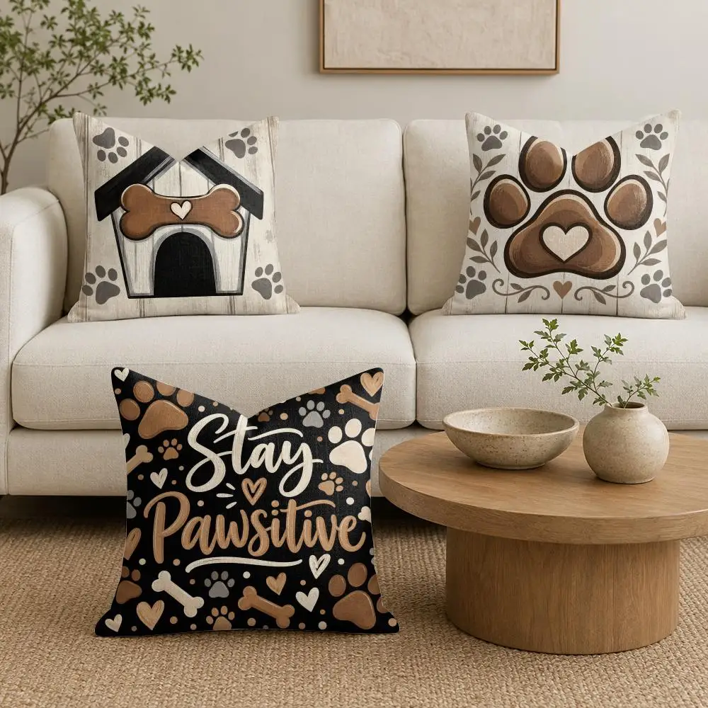 Dog Paw Prints Cushion Cover Premium Linen Pillow Cover Durable Soft Breathable Washable Home Decor Cushion Case