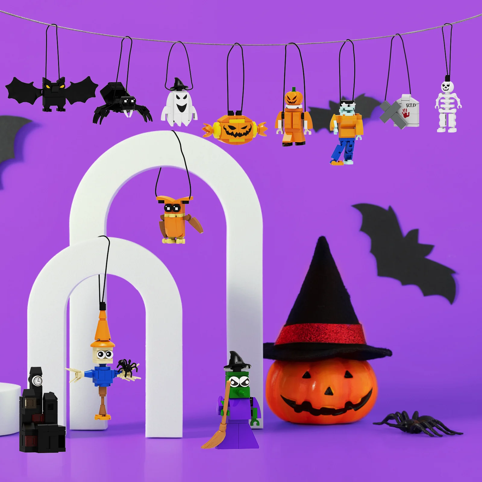 MOC Halloween Pumpkin Ghost Pendant Building Blocks Set Terrible Monster Elf Bricks Decorations DIY Toys For Children Xams Gifts