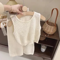 Girl's Clothing Sets 2023 Summer Korean Thin Knitted Girl Set Children Hollow Breathable Vest + Wide Leg Pants Two-piece Suit