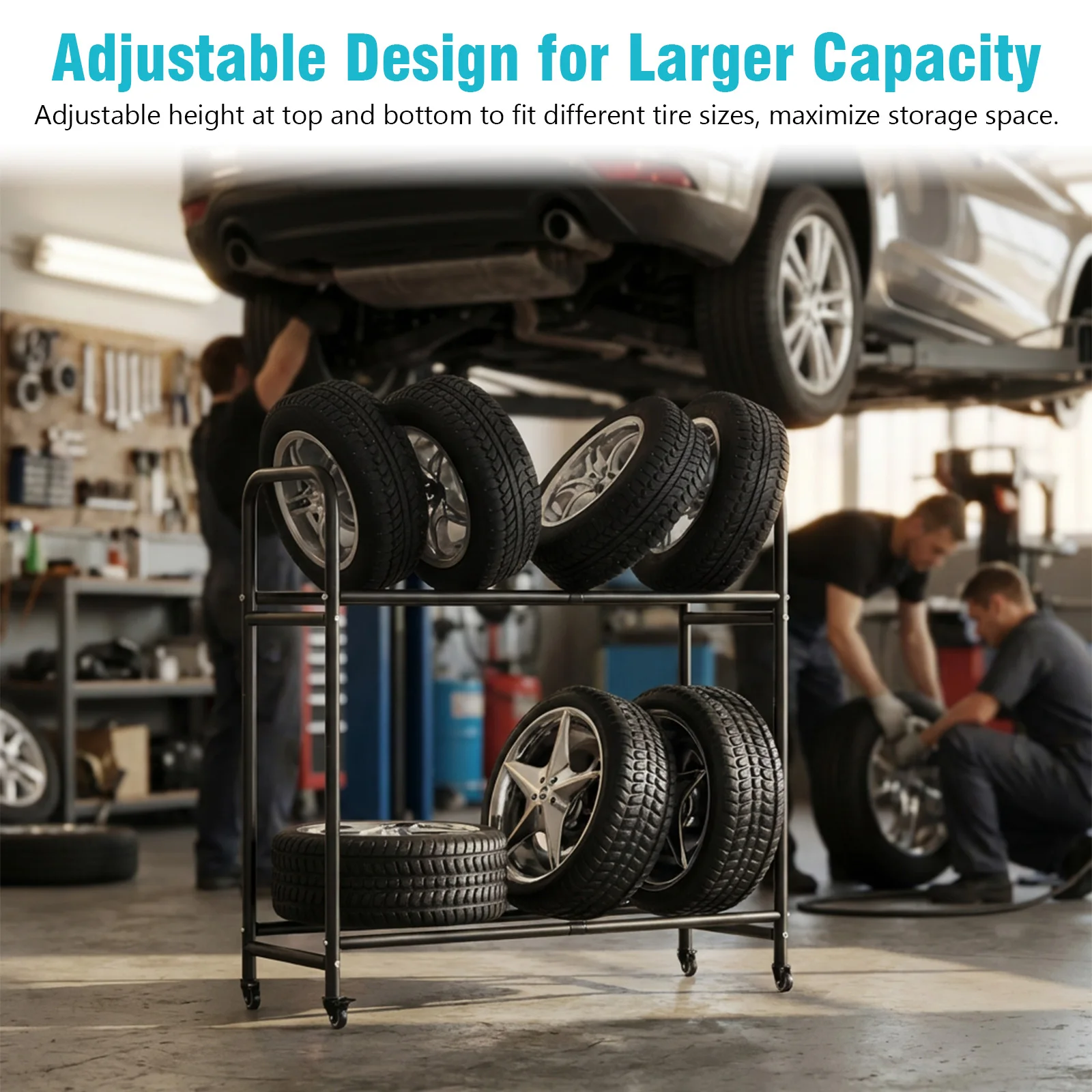 

Стеллаж для хранения шин 24.8-42.51x15.35x44.09 дюймов, для гаража и склада, с 4 поворотными колесами