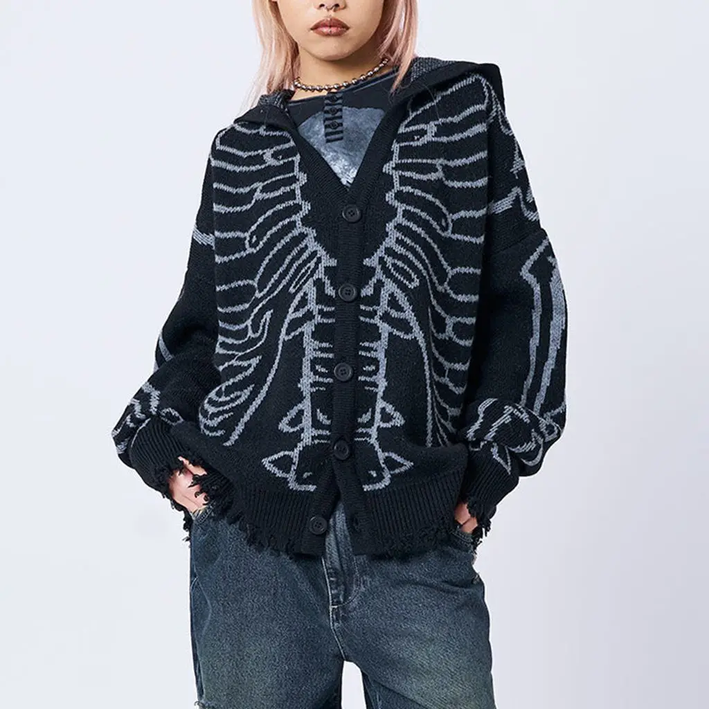 Combhasaki Womens Y2K Vintage Halloween Skeleton Print Hooded Cardigan Loose Fit Long Sleeve Button-down Frayed Hem Sweater Tops