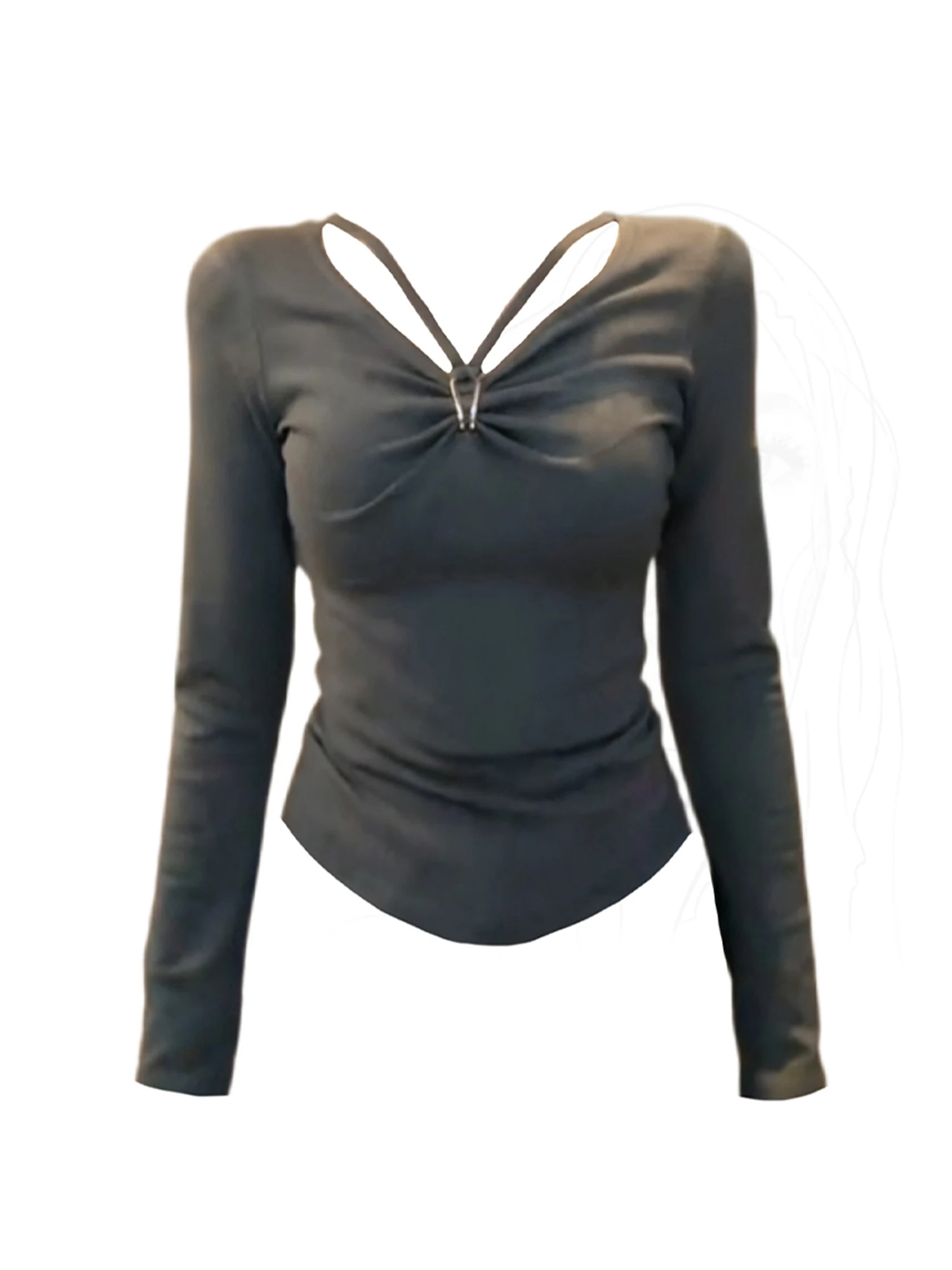 

Women's Grey T-shirt Aesthetic Y2k Gyaru Tee Top Aesthetic Vintage Long Sleeve V-Neck Oversize Knit T-shirts 2000s Clothes Autum