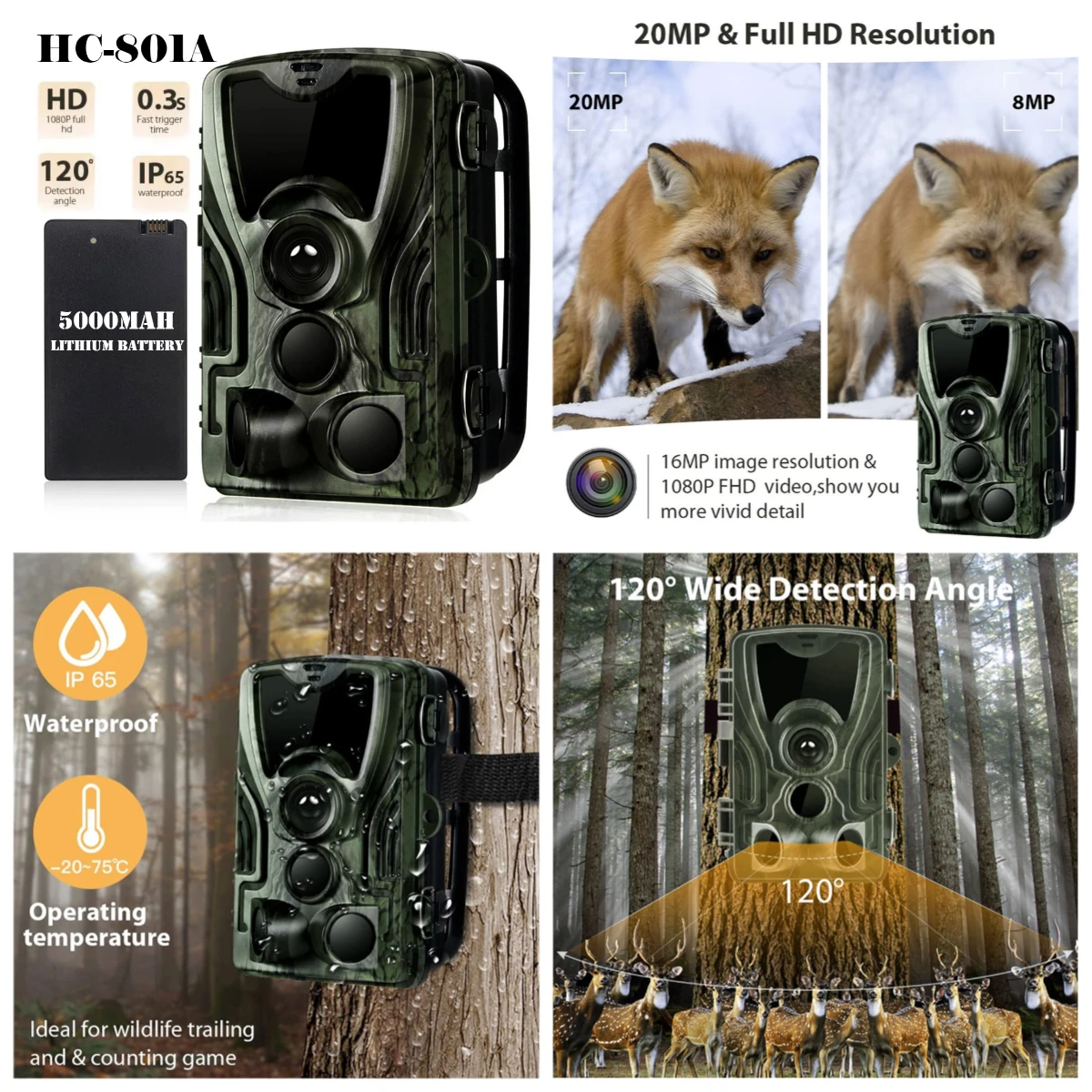 Trail Camera with Night Vision HD Motion Activated Waterproof Hunting Cameras HC-801A/DL005/PR700 for Wildlife Monitor Tracking