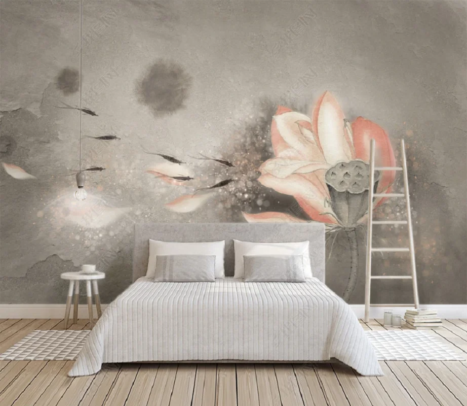 Customized 3D Mural Wallpaper Chinese Retro Ink Lotus Beautiful Abstract Hand-Painted Tv Background Wall Home Decoration
