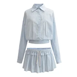 2 Pieces 1 Set Sexy Women Blue White Striped Slim Waist Bat Sleeve Lapel Shirt Elastic Low Waist Wood ears Pleated Mini Skirts