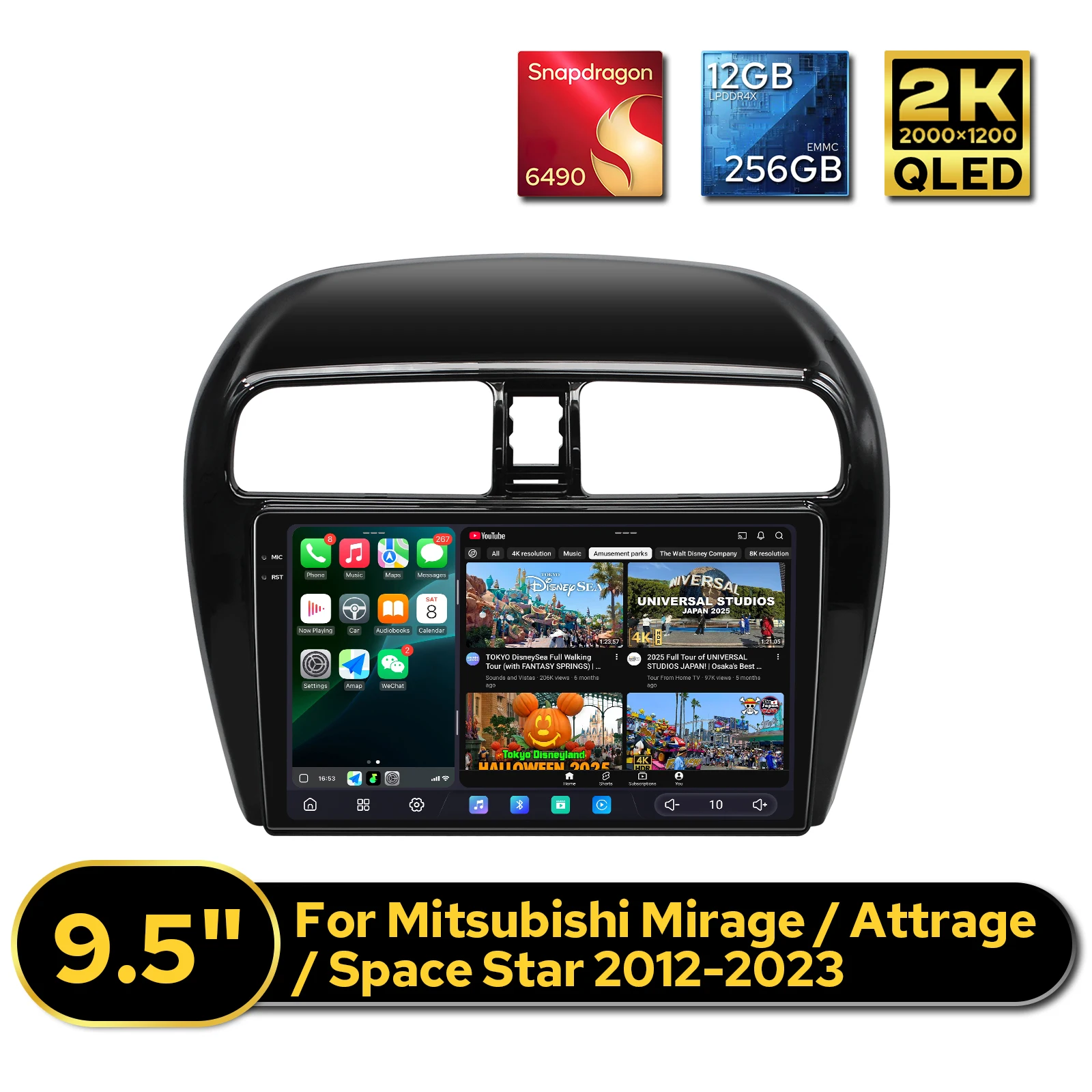 JOYING Radio de Auto Android QLED 2K de 9.5'' 2000×1200 para Mitsubishi Mirage/Attrage/Space Star 2012-2023 12GB 256GB CarPlay Inalámbrico
