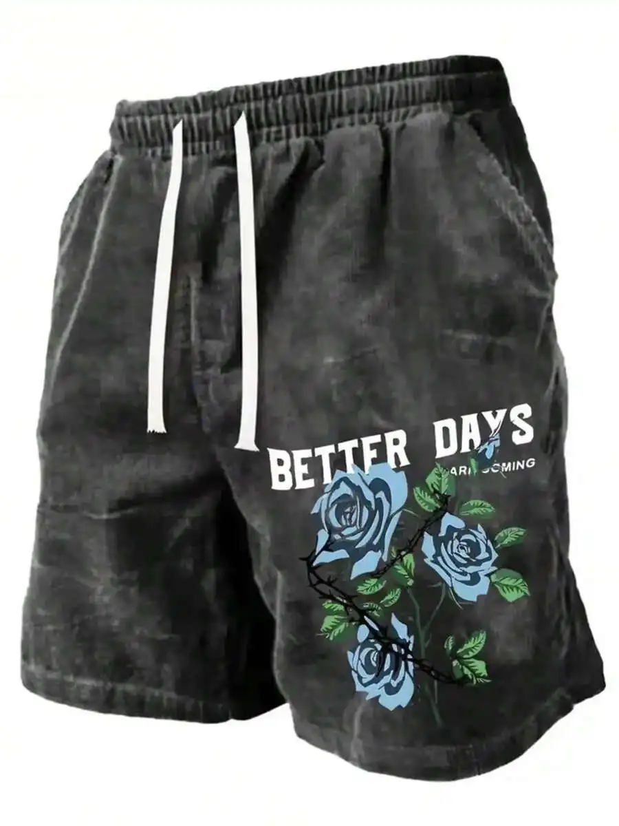 

Mens Loose Fit Cotton Shorts With Blue Rose Thorn Print Casual Summer Shorts