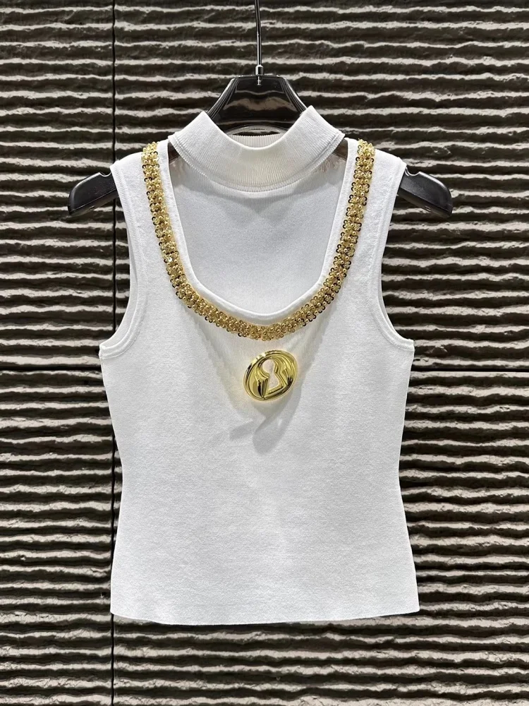 

SMTHMA 2026 Новая летняя женская черная вязаная безрукавка с высоким воротом, украшенная металлическими пряжками, облегающий топ