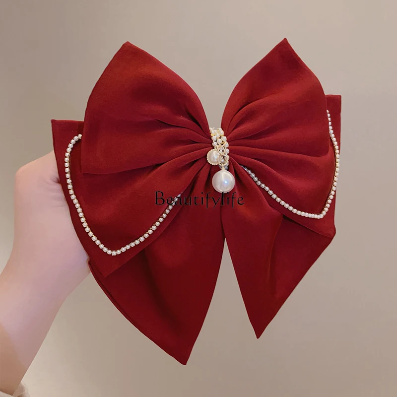 

Wine Red Satin Big Bow Hairpin Vintage Bridal Headdress High Sense