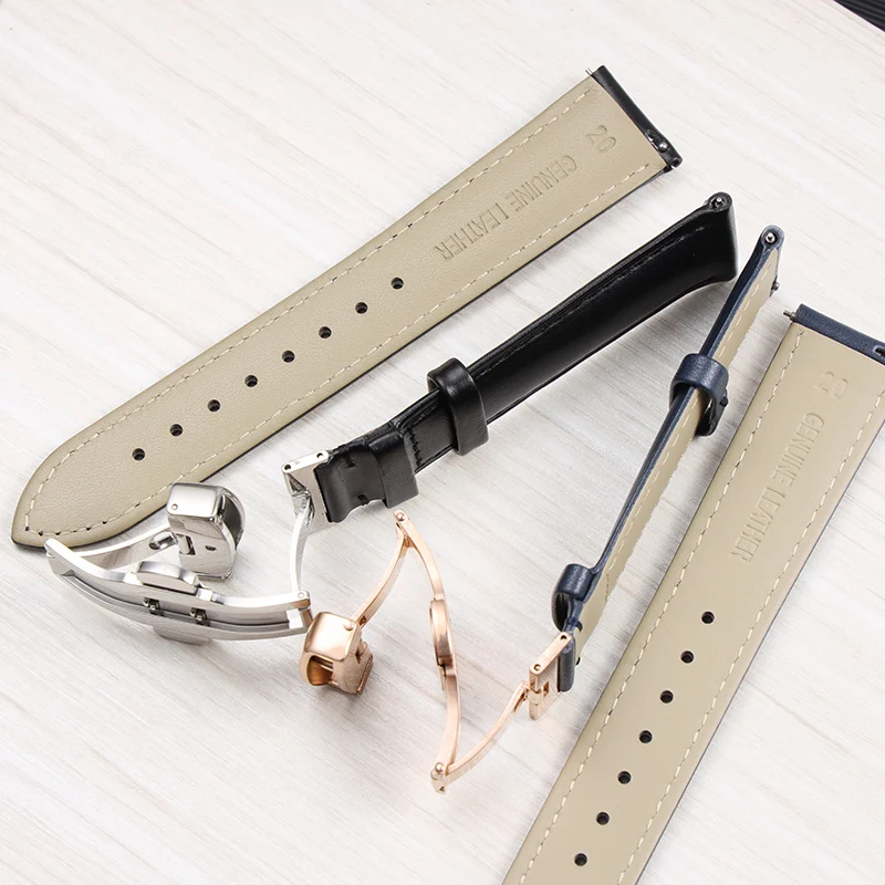 Smooth Genuine Calfskin Leather Watchband 14/16/18/20/22mm  Straps with Solid Automatic Butterfly Buckle Business Watch Band